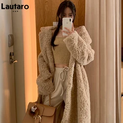 Lautaro Winter Lange Oversized Shaggy Fuzzy Warme Dikke Pluizige Faux Fur Jas Vrouwen Sjerpen Revers Stijlvolle Luxe Koreaanse Fashion 2021