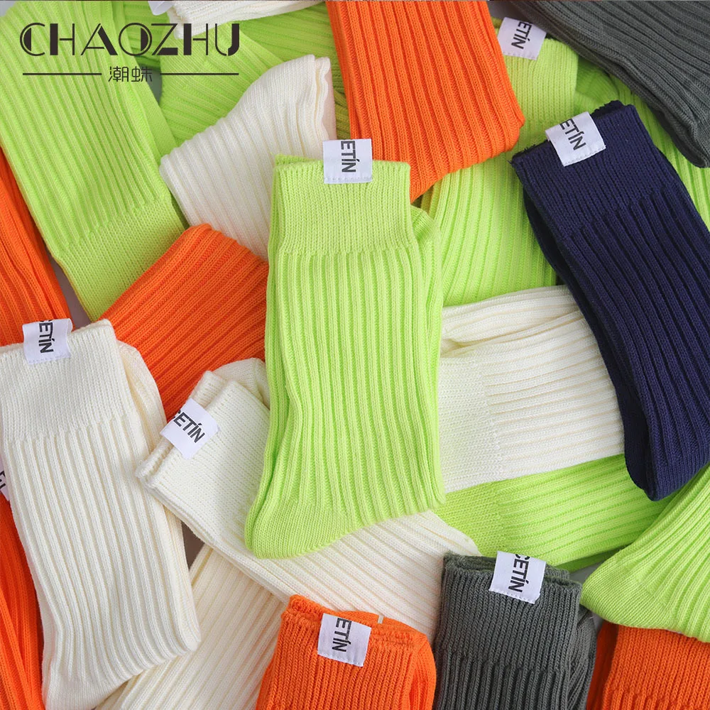 CHAOZHU Male Socks Solid Colors Rib Cotton Thicken Label Top Bright Colors Neon Orange White Red Grey Stretch Heavy Industry Sox