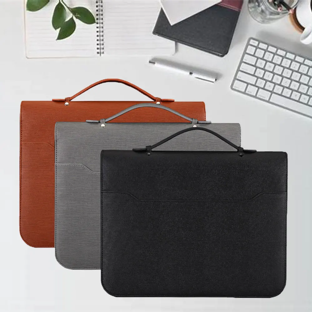 A4 Leather Portfolio Folder Zipper Padfolio With Handle Binder Calculator Notebook Document Organizer Men Business Briefcase