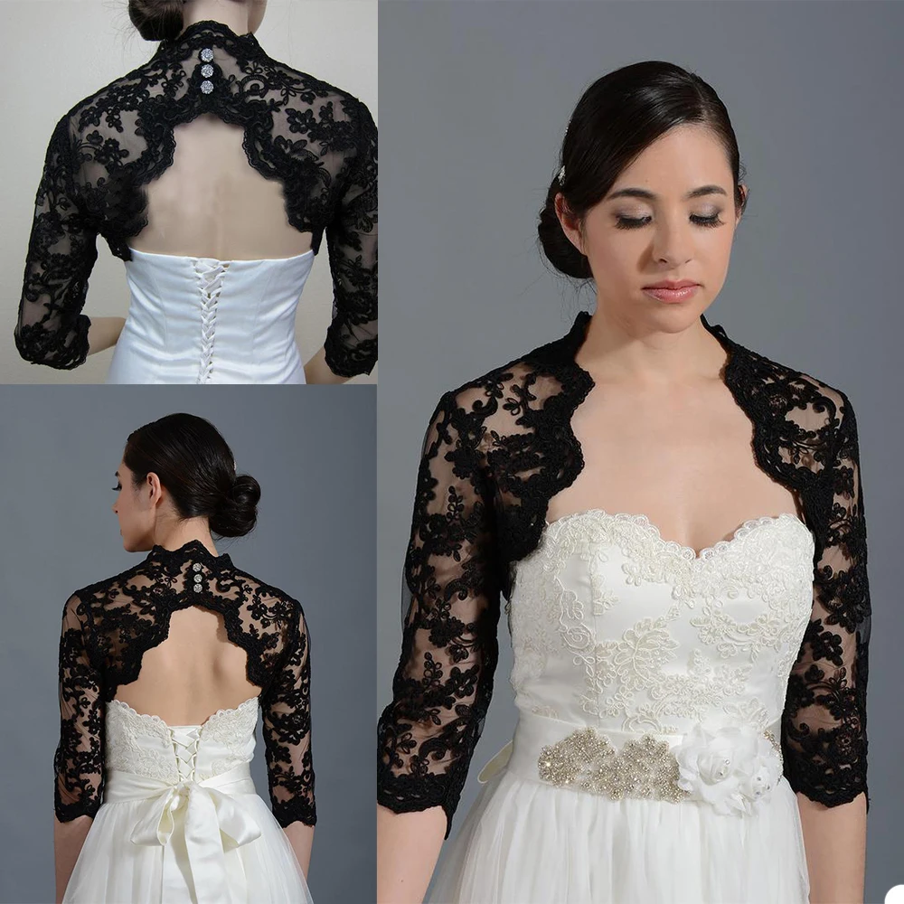 

Vintage Bridal Jackets Black Bolero Wedding Top Lace Appliques Long Sleeves Custom Made Button Back Plus Size