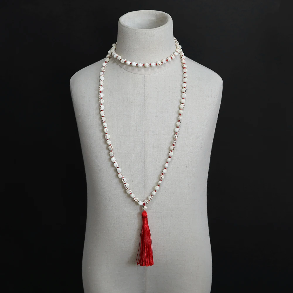 Non-Mainstream Men Sautoir Hot Lmitation Bone Skull Beaded Handmade Knot 108Mala Necklace Hip Hop Tassel Pendant Jewelry