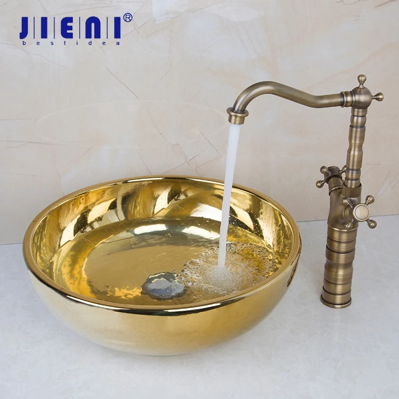 

JIENI Golden Art Ceramic Bathroom Sink Set Round Polished Golden Basin Sink Faucet Set W/ Antique Brass 2 Handles Mixer Faucet