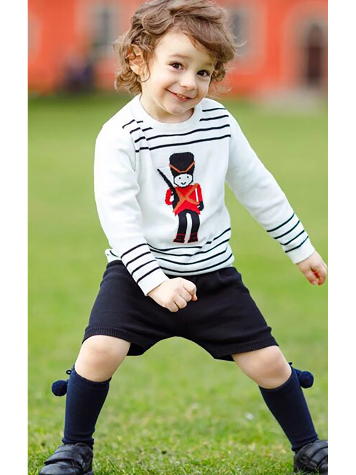 Children Boutique Clothing Set Ins Trend Baby Boy Cartoon Soldier Pattern Long Sleeve Knit 2Pc Set Fashionable Handsome European