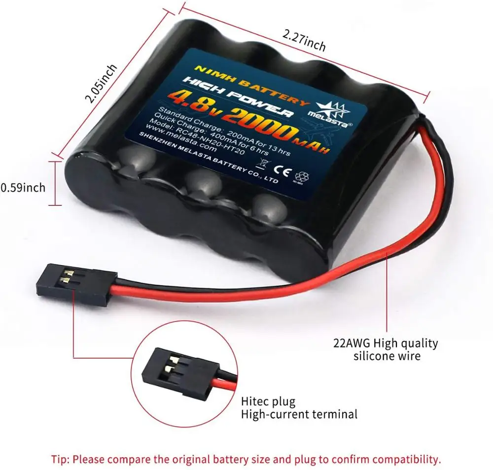 Melasta-بطارية جهاز استقبال NiMH RC قابلة لإعادة الشحن لطائرة Futaba ، جهاز تحكم بأجهزة الطائرات ، جهاز إرسال لاسلكي ، 4.8 فولت ، 2000 مللي أمبير في الساعة ، عبوة 2