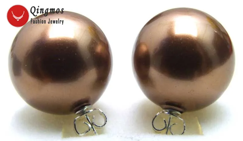 

Qingmos Fashion Sea Shell Pearl Earrings for Women with 16mm Round Brown Sea Shell Pearl Stud Earring Fine Jewelry ear425