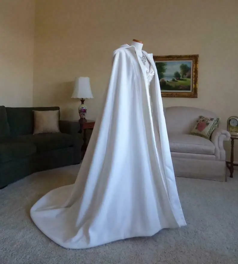 White Ivory Satin Wedding Hooded Cloak Bridal Cape with Hood Coat Robe Custom