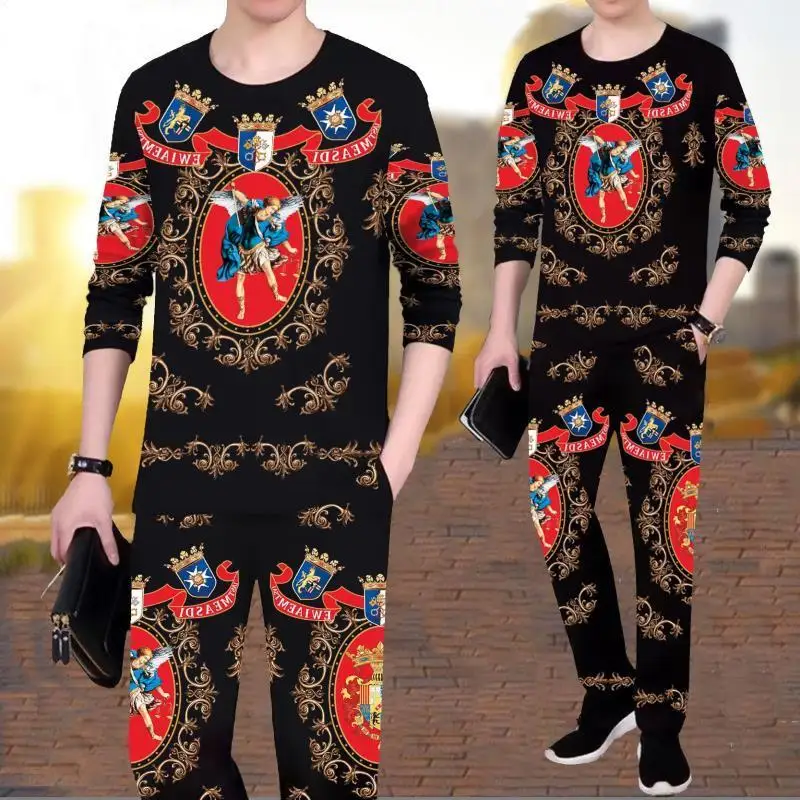 

Men's autumn and winter long-sleeved T-shirt + trousers 2-piece suit casual loose sportswear trend printing men's suit