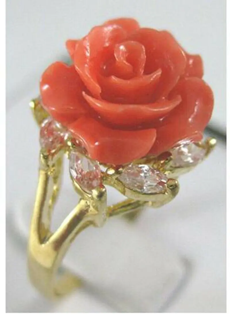 Pretty 18KGP Pink Coral Rose Flower Women\' s Ring AAA+ Size 6-9