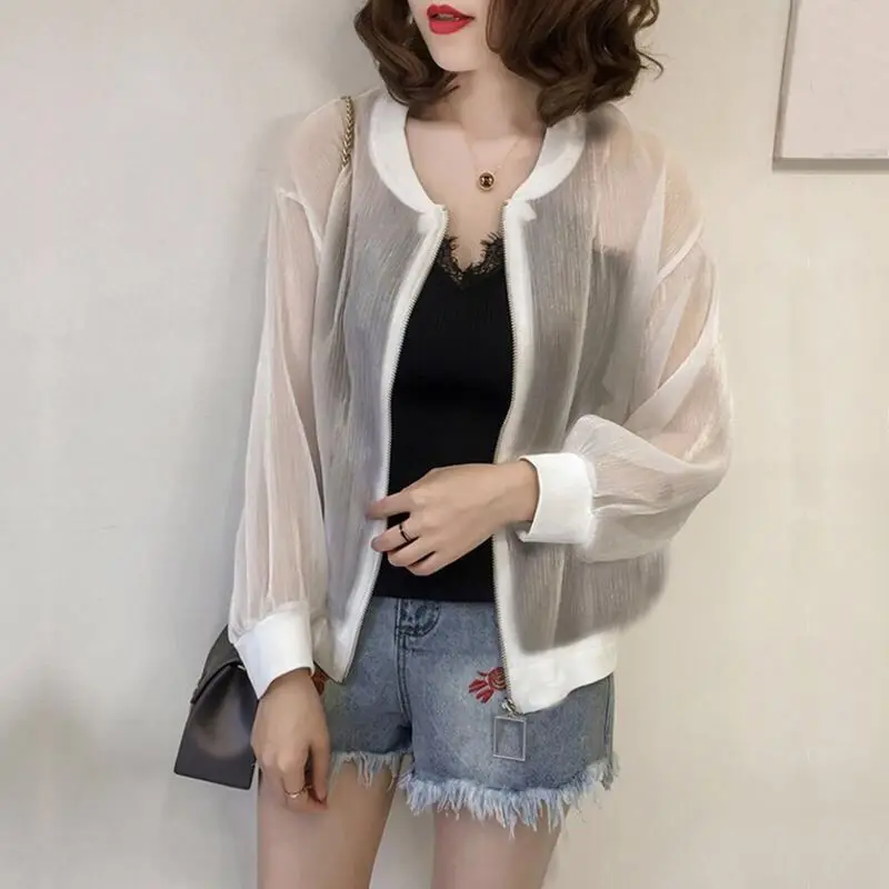 Cardigan estivo da donna in Organza con protezione solare manica lunga giacca corta in seta brillante cappotto sottile camicia uniforme da Baseball