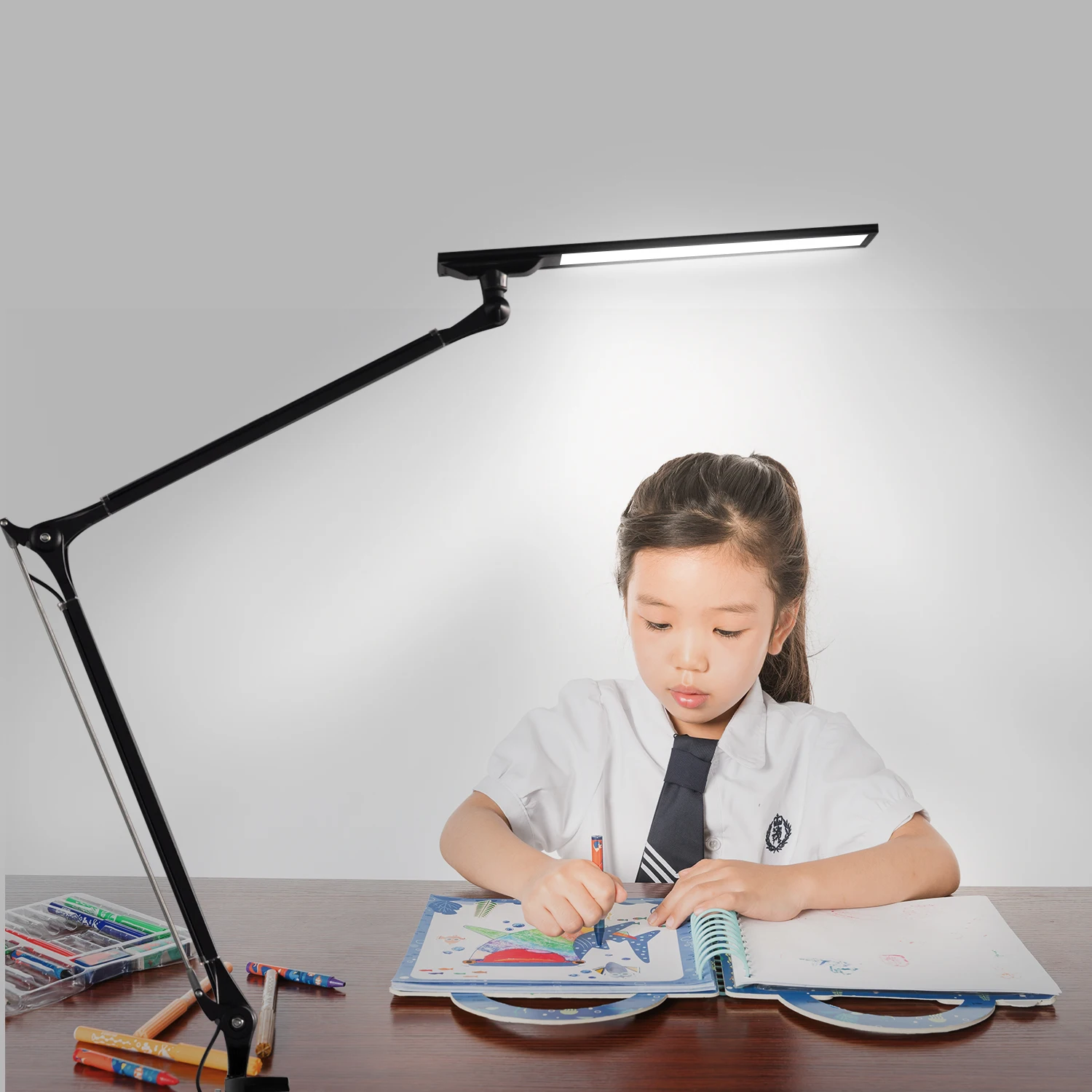 Touch Control Super Bright Eye-caring LED Flexible Long Arm Light Desk Lamp With Clamp 4 Color Mode And Stepless Dimmable