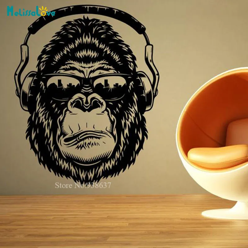 Gorilla Head With Headphones Music Decal Living Room Bedroom Home Decor Removable Vinyl Wall Sticker Self-adhesive Murals BD225