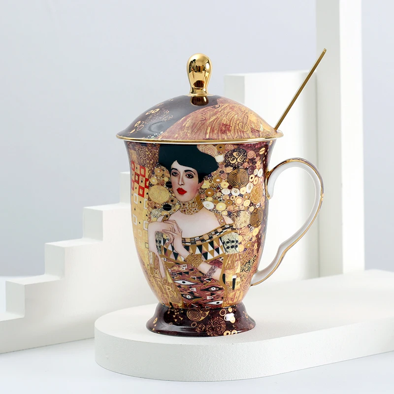 Coffee Mug with lid and spoon Bone China Antient Klimt painting Tea cups with lid Luxury Gift