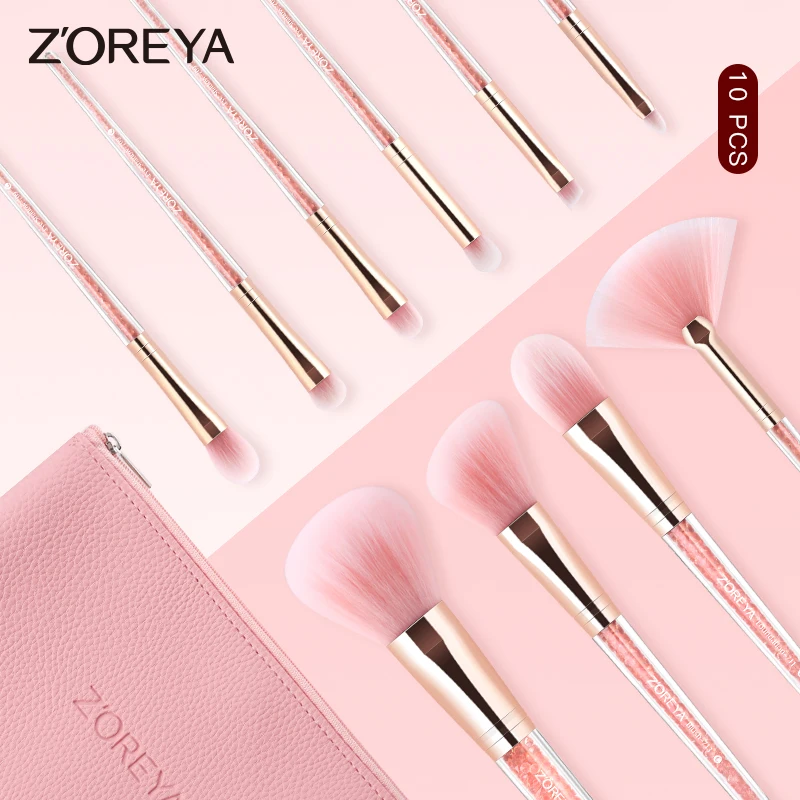 ZOREYA 10PCS Pink Crystal Foundation Makeup Brush Concealer Blusher Make Up Brush Set Super Soft Synthetic Hair Cosmetic Tools