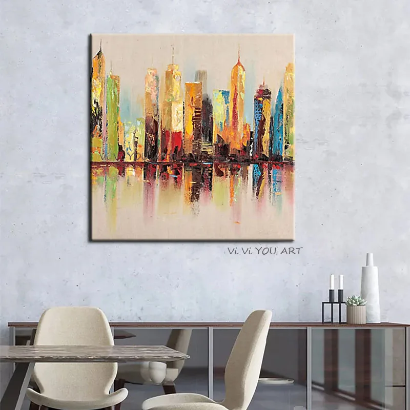 100% Hand Painted Abstract Handmade City Landscape Architecture Oil Painting Home Living Room Decor Artworks Frameless Large