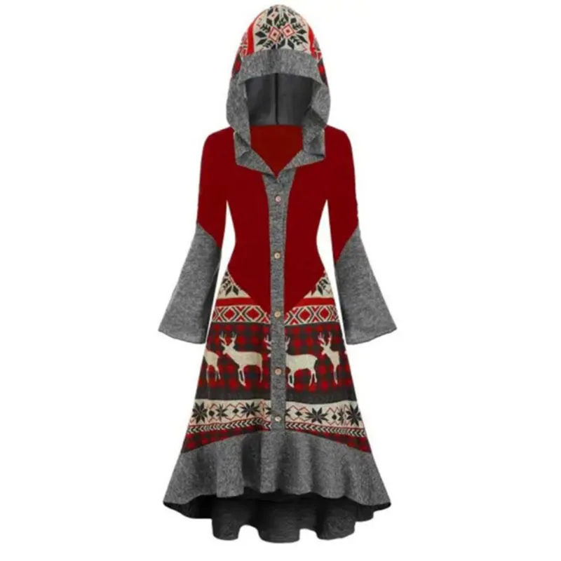 Printed Snowflake Elk Cloak Dress With Hat,Short Front Long Back Dresses For Christmas Party Cosplay