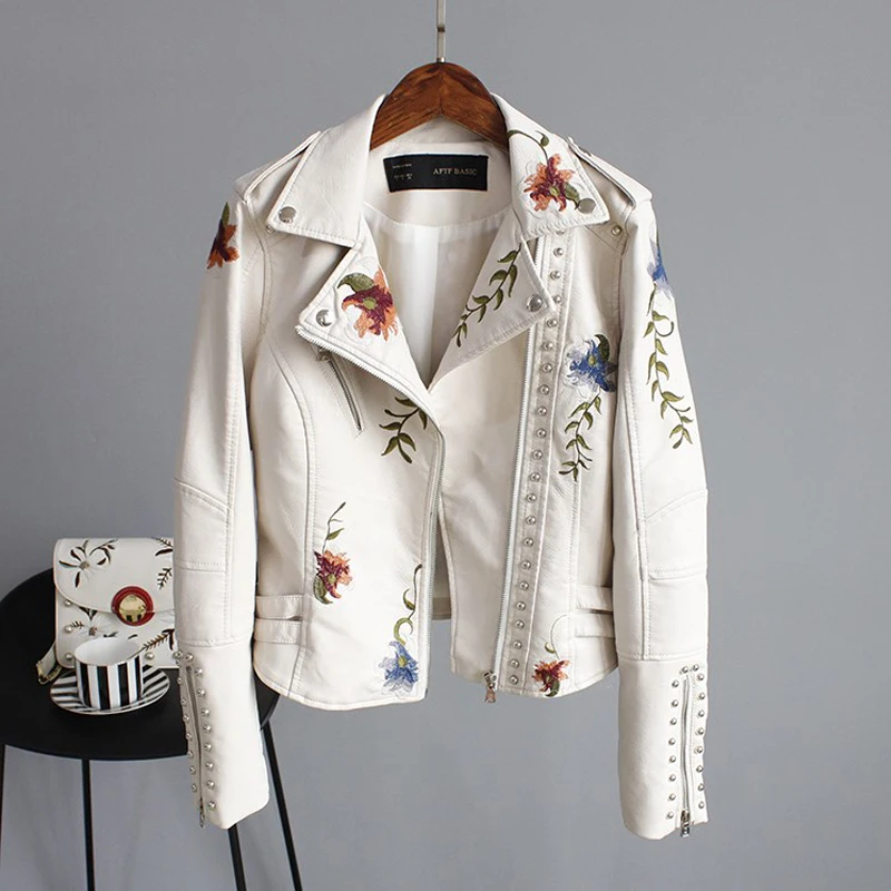 Punk Style Faux Soft Leather Jacket Women Embroidery Floral Faux Leather Jacket Pu Motorcycle Epaulet Zipper Outerwear