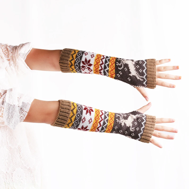 Fashion Women Arm Warmers Winter Fingerless Gloves Knitted Mittens 32cm Long Gloves Guantes Casual Deer/Snowflake Female Gloves