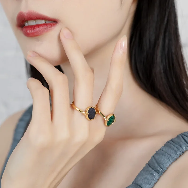 Anomokay New Round Green Malachite Gold Color Rings Two Sides Different Free Size 925 Silver Rings for Women Jewelry Gift