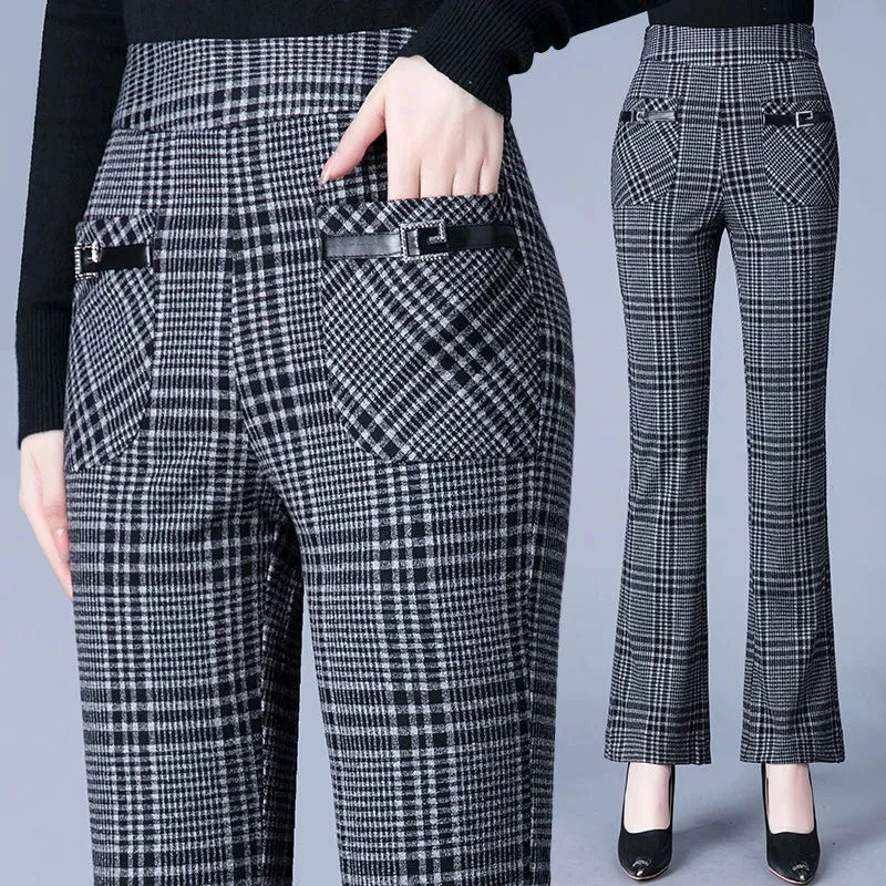 Women Fall Stretch Casual Flared Pants 2024 Female New High-waist Slim Slimming Lattice Fashion Micro-flared Pants Trousers A402