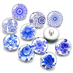 Blue and white porcelain Flowers pattern 18mm snap buttons 10pcs mixed round photo glass cabochon style for snap button jewelry