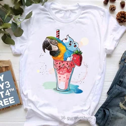 Cockatiel Parrot Love Ice Cream Graphic Print T-Shirt Women'S Clothing Funny White Tshirt Femme Harajuku Kawaii Clothes Tops