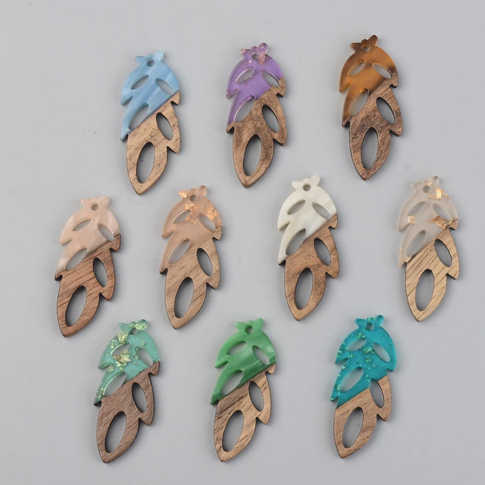 5pcs Splicing Hollow Leaf Earring Charms Resin Wood Pendants Fit Earrings Necklace Making DIY Jewelry Accessories Handcrafted