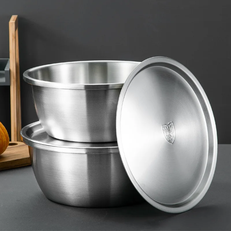 Thicken 304 Stainless Steel Salad Egg Mixing Bowls with Lid Flour Soup Bowl European Kitchen Utensils Vegetable Fruit Basin