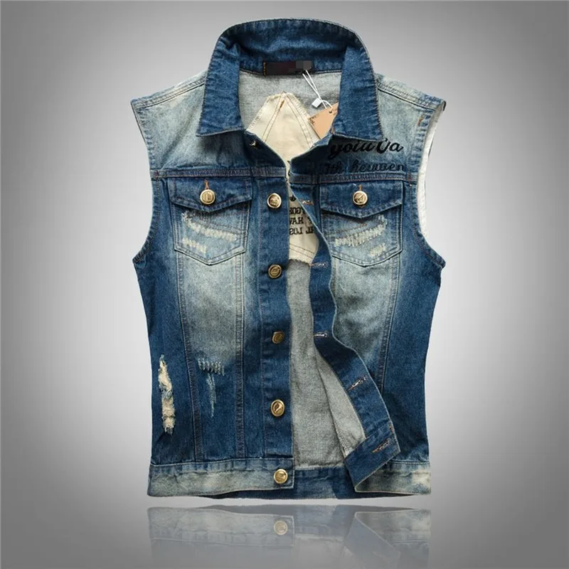 

New Brief Blue Men's Summer Vest Korean Slim Sleeveless Denim Vests For Men Single-breasted Hole 95%Cotton Jeans Waistcoat Male