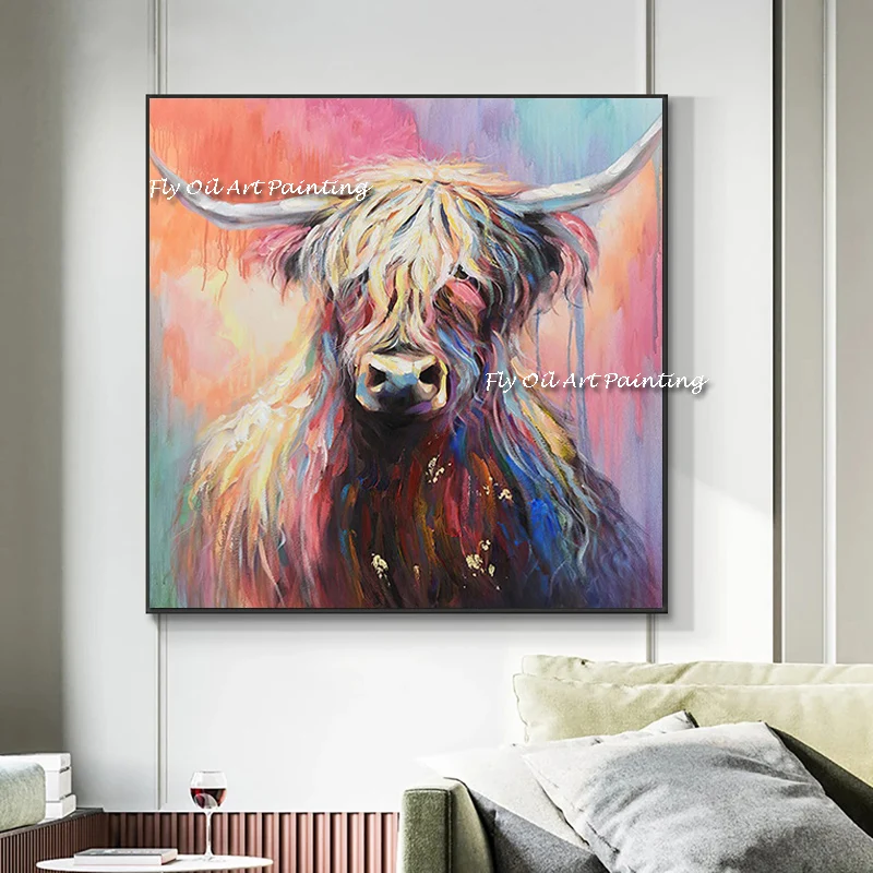 

Color Abstract Handmade Animal Oil Painting Cattle Wild Yak Ox Mural Pictures Cuadros Canvas Poster Handpainted Home Decoration