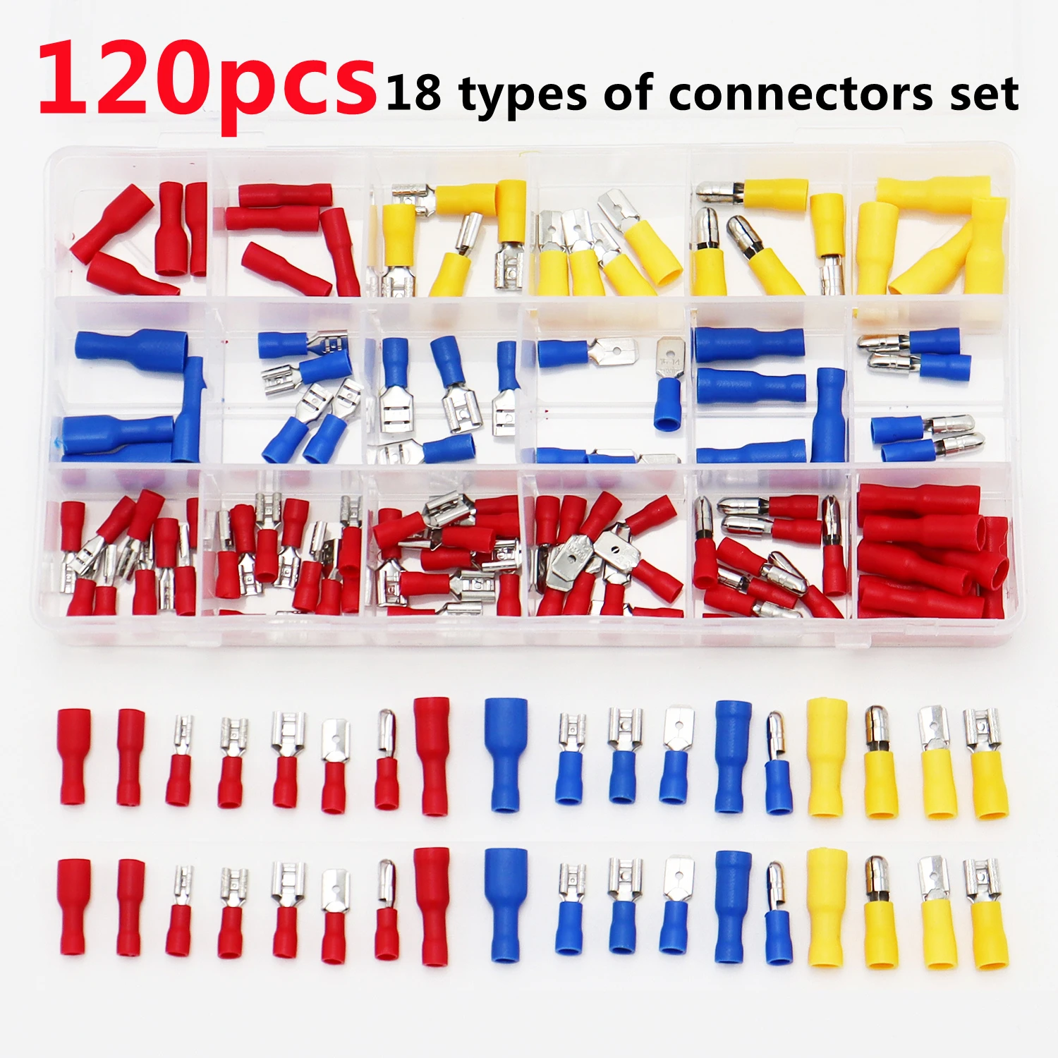 120pcs Insulated Crimp Spade Terminal 18 Types Electric Wire Cable Connectors Kit Butt Bullet Lugs Terminal Rolled Assorted Kit