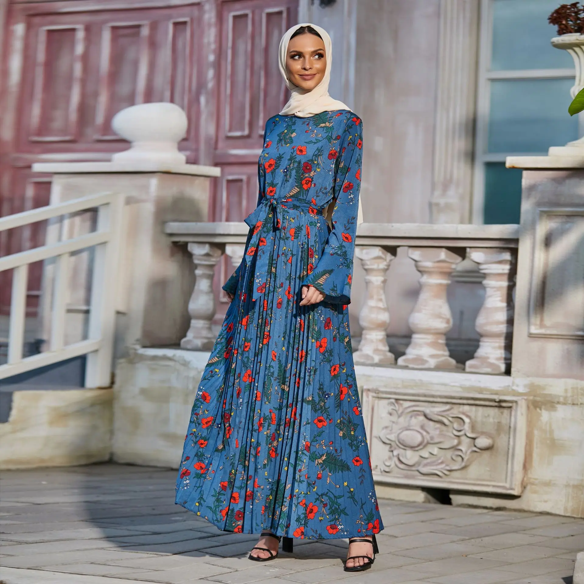 Ramadan Print floral Muslim abayas Islamic Eid casual robes syari abaya female full length Pleated islamic muslim Dress F2976