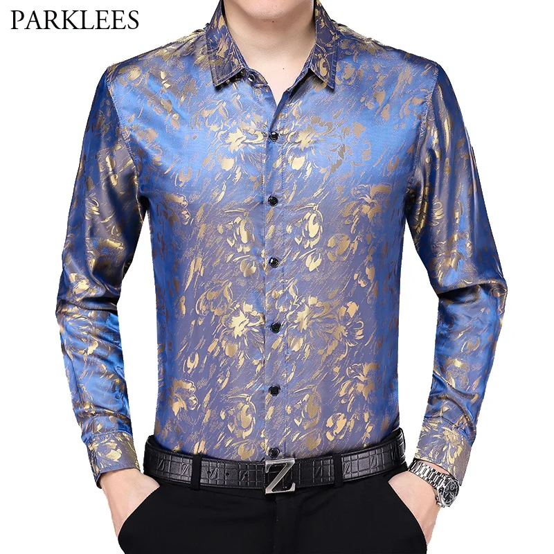 Floral Print Satin Silk Men Dress Shirts Comfortable Smooth Mens Shirt Business Work Casual Men Long Sleeve Slim Fit Men Chemise