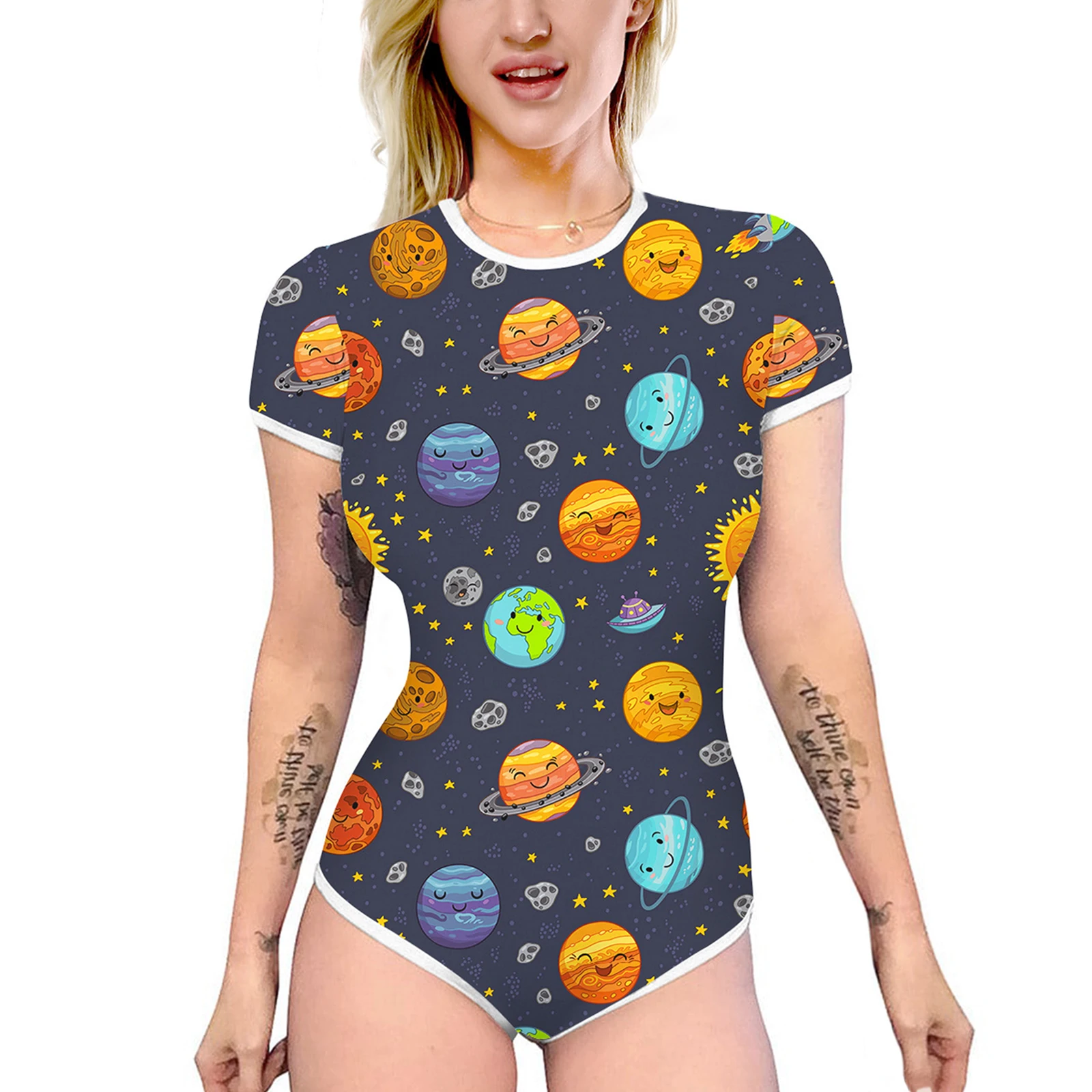 Women Summer Casual Slim Rompers Adults Cartoon Print Short Sleeve Round Neck High Waist Playsuits Home Sleepwear