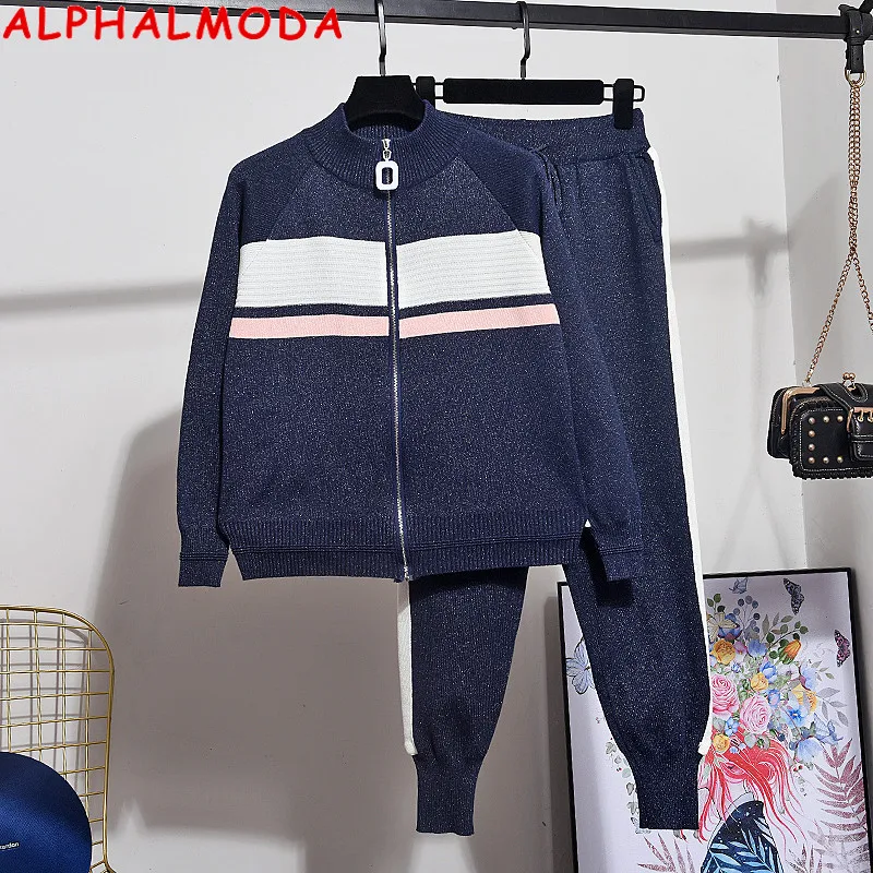 ALPHALMODA-Women's Contrast Color Striped Cardigan Sweater and Pants Suit, Bright Silk Knitting Clothes Set, Fashion, 2020, 2Pcs