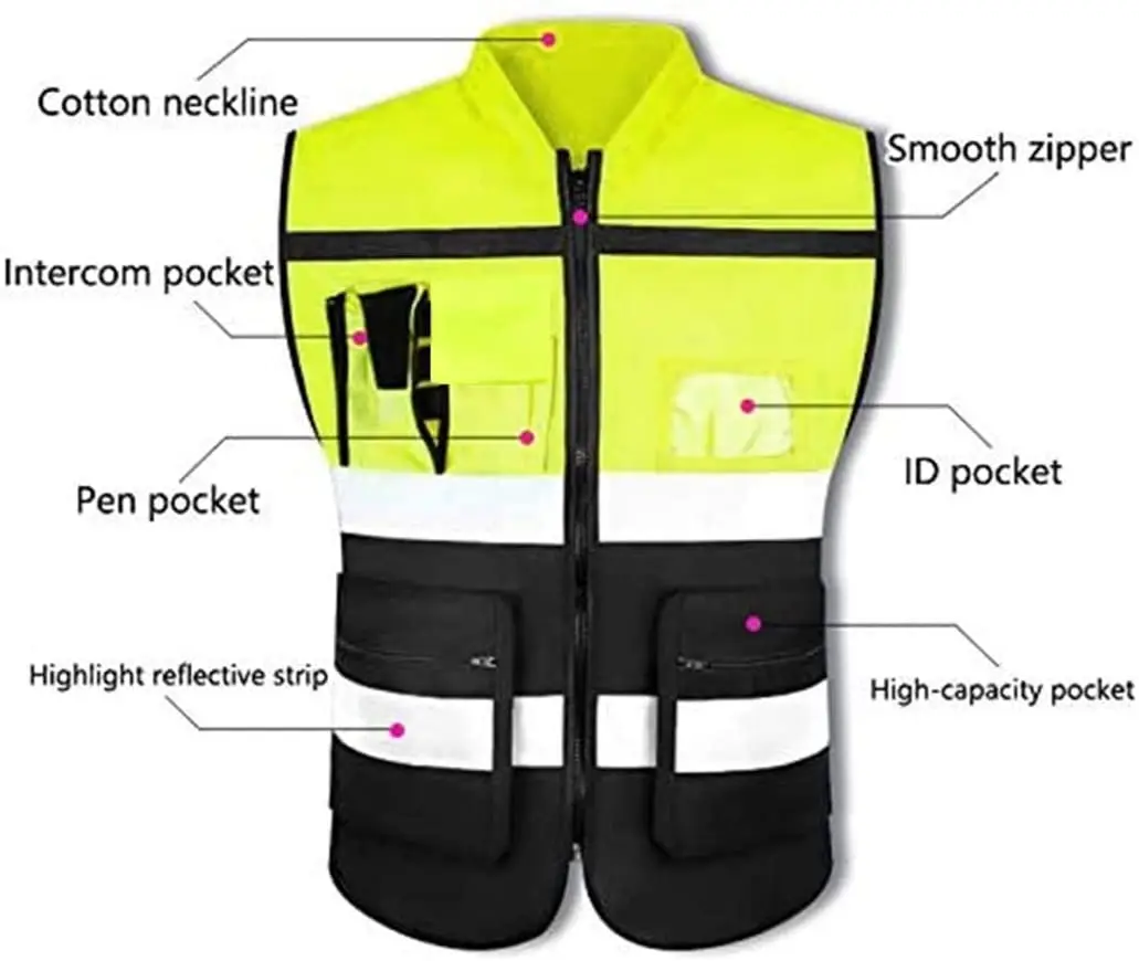 Safety Vest Class 2 High Visibility Fully Closure Zipper With Multi Function Pockets Reflective Strips Construction Outdoor Men