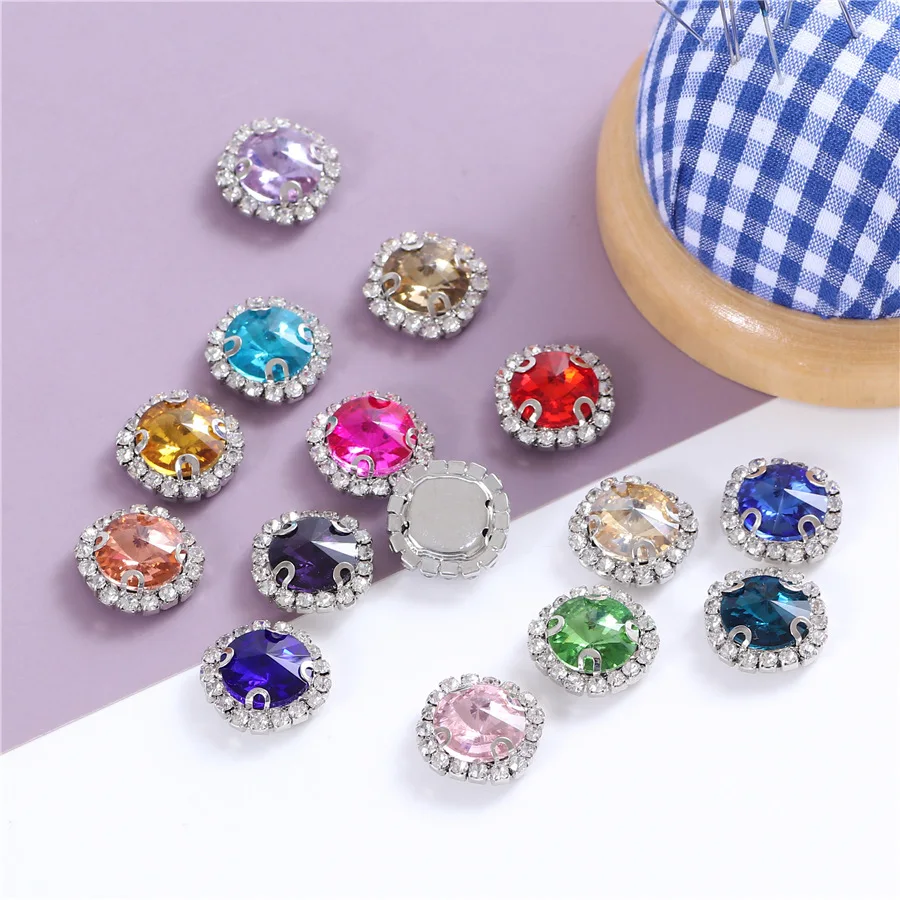 New 10pcs Colorful Round Glass Sew on Rhinestones With Silver Lace Claw Flatback Crystal Sewing Decorations for Clothes