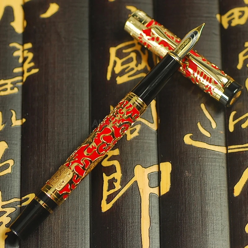 

Jinhao 5000 старинная металлическая перьевая ручка с текстурой дракона, резьба, красная и Золотая искусственная ручка для письма, канцелярские принадлежности