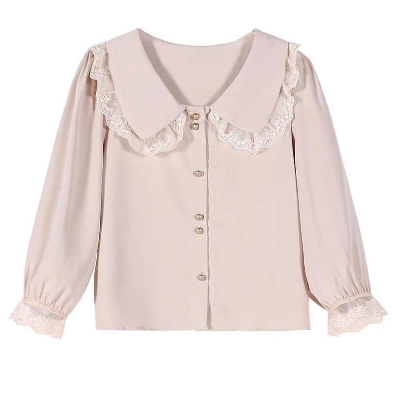 Women Clothing 2021 Spring Chiffon Shirt Female Sweet Lace Stitching Puff Sleeve Top Doll Collar Cardigan Shirt Blusas Mujer