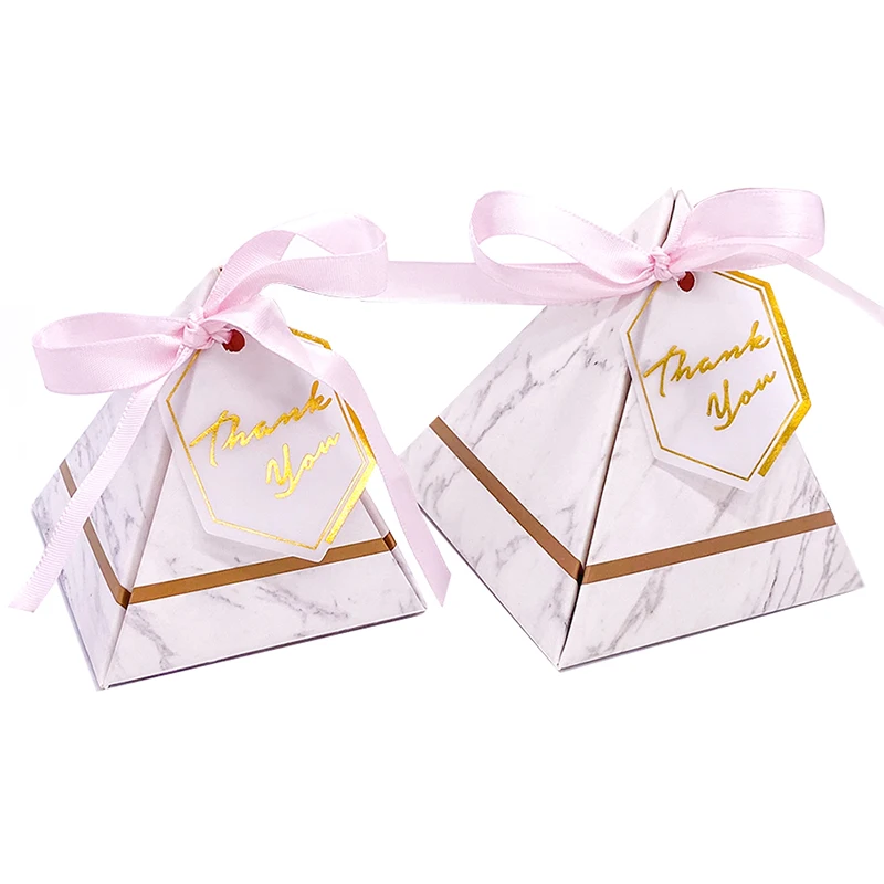 50 Pcs Creative Marble Gift Bag Box for Party Baby Shower Paper Pyramid Chocolate Boxes Package/Wedding Favours Candy Boxes