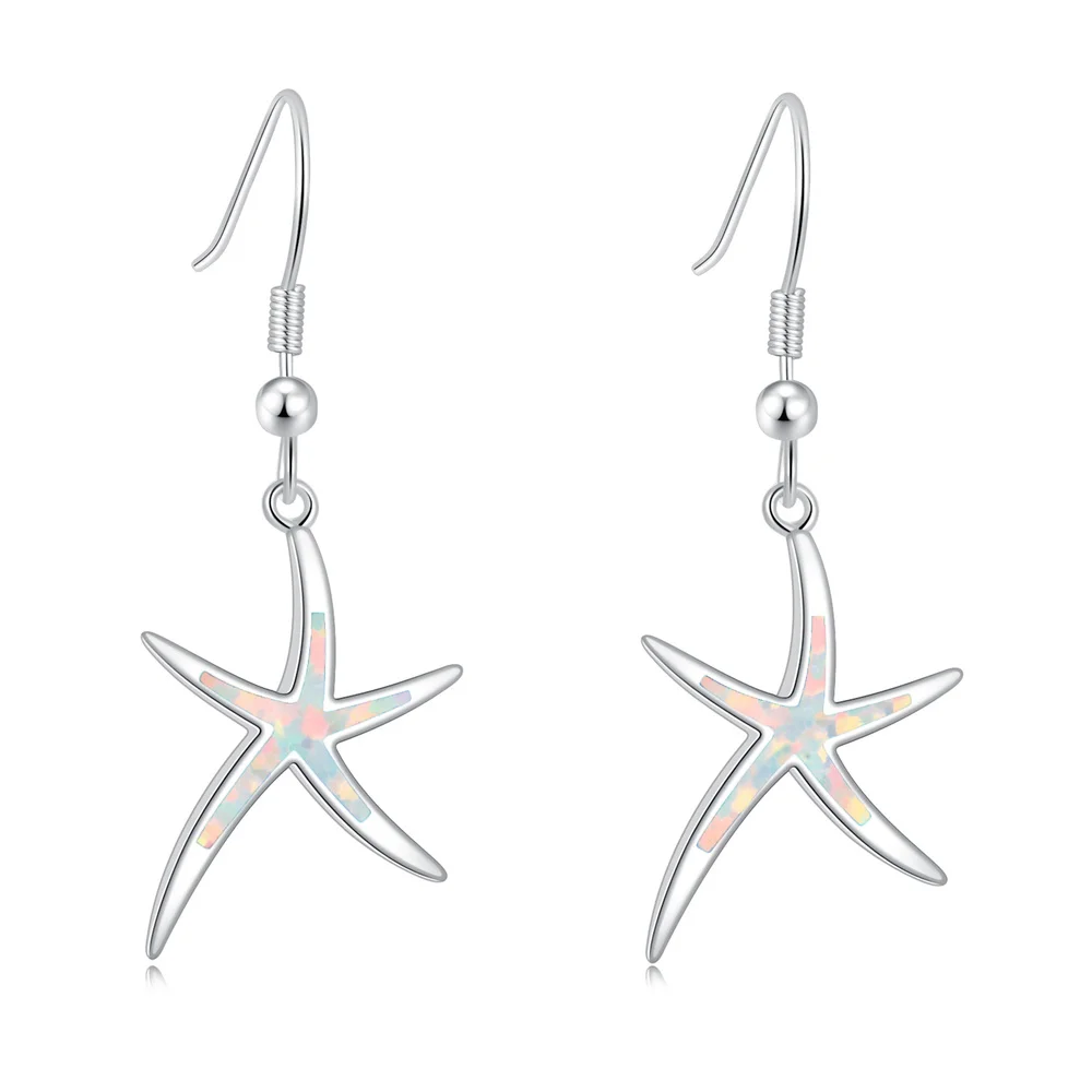 CiNily Blue& White Created Fire Opal Silver Plated Wholesale Lovely Starfish for Women Jewelry Dangle Earrings 1 5/8