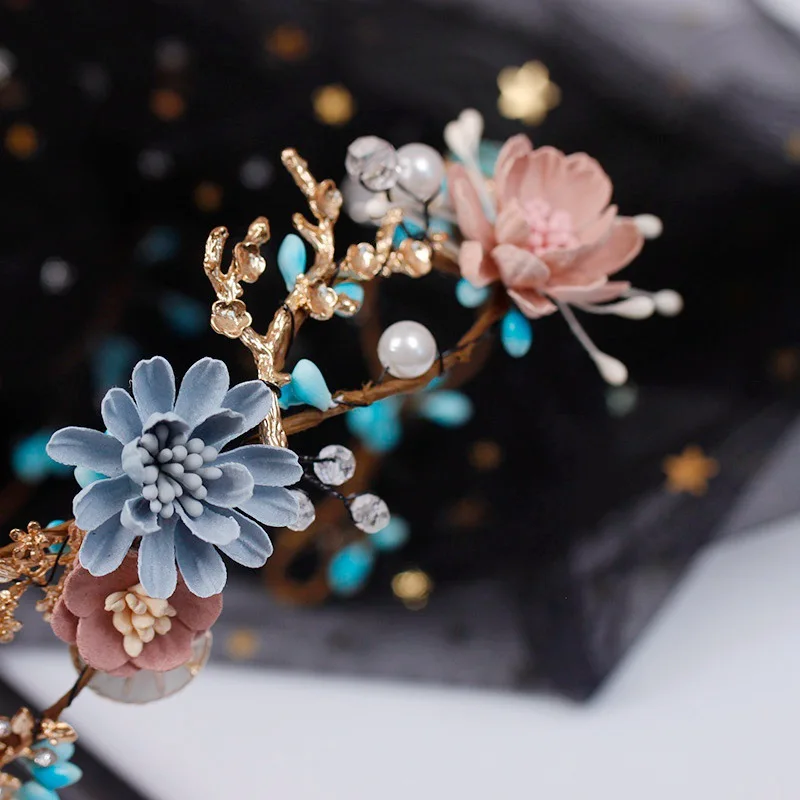 Luxury Blue Pink Flower Crystal Headbands Handmade Beads Baroque Flowers Garland Circular Hoop Crowns Bridal Wedding Accessories