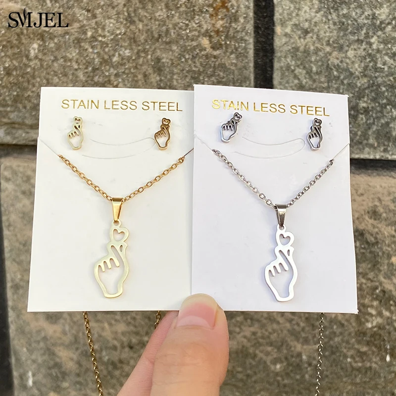 Stainless Steel Finger Gesture Hand Necklace Earings Jewelry Set Show your Love Heart Sign Language Special Earings Rock Gifts