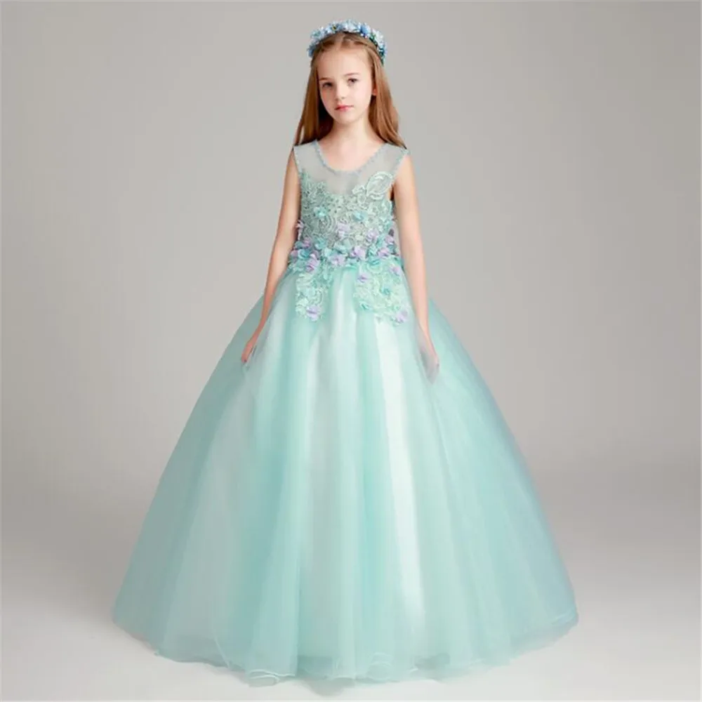 

Elegant Princess Flower Girl Dresses Sleeveless Tulle Applique Pageant Dresses For Girls First Holy Communion Party Ball Gown