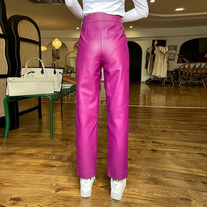 Autumn Winter Womens New Fashion Genuine Leather Pants High Waist High Quality Vintage Female Elegant Sheepskin Casual Pants