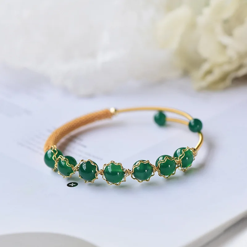 Natural Original Moisturizing Emerald Green Transparent Agate Fashion Open Bangle 14k Gold Filled Hand-woven Ladies Jewelry