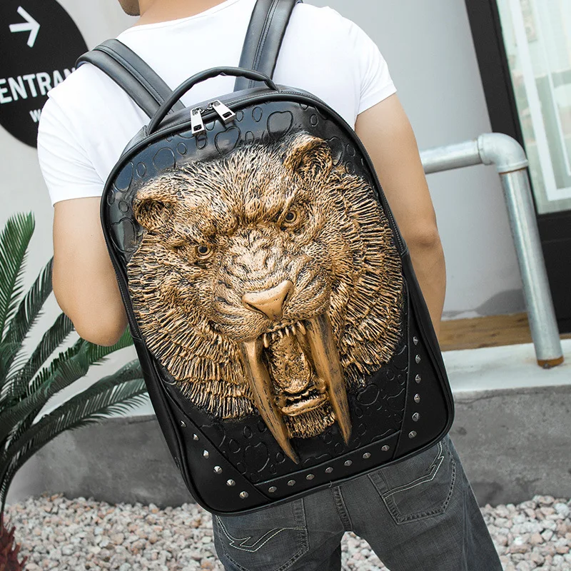 Embossed Panther Head Studded Rivet Men Backpack Women Leather Soft Travel Punk Rock Backpack Laptop School