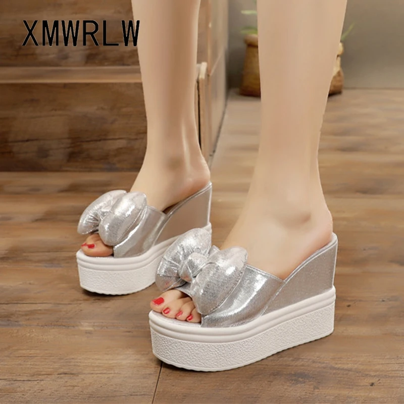 

XMWRLW Fashion Bow Women Slippers 2020 Summer High Heels 12cm Woman Slippers Solid Color Women Summer Shoes Female Slipper