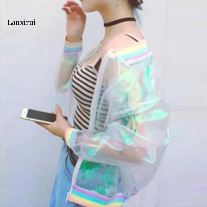 Ladies Girls Transparent Jacket Holographic Coat Rainbow Bomber Jackets One Size