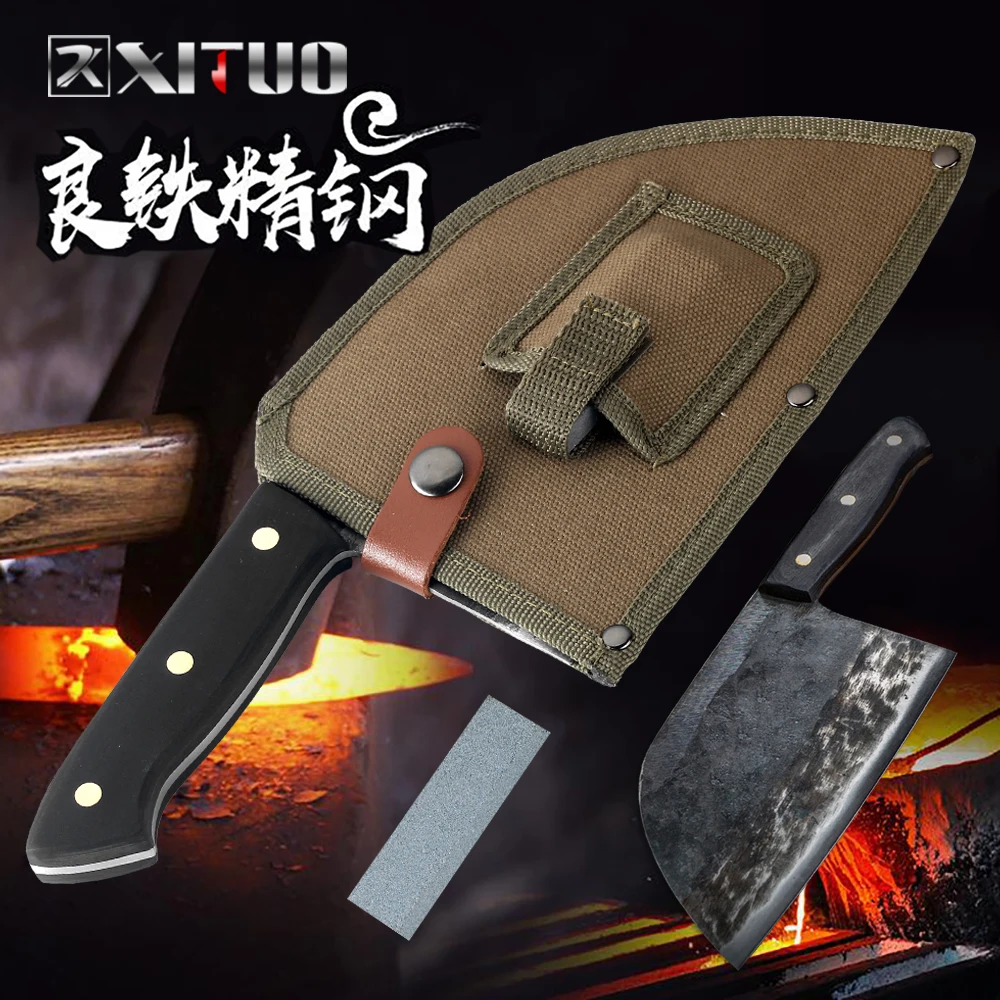 XITUO Chinese Full Tang Handmade Butcher Knife Chef Kitchen Knife High Carbon Clad Steel Cleaver Filleting Slicing Gift Knife