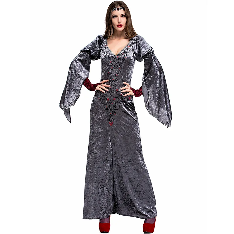 Gray Tight Adult Women Halloween Noblewoman Costumes Female European Retro Queen Cosplay Purim Stage Show Role Play Party Dress